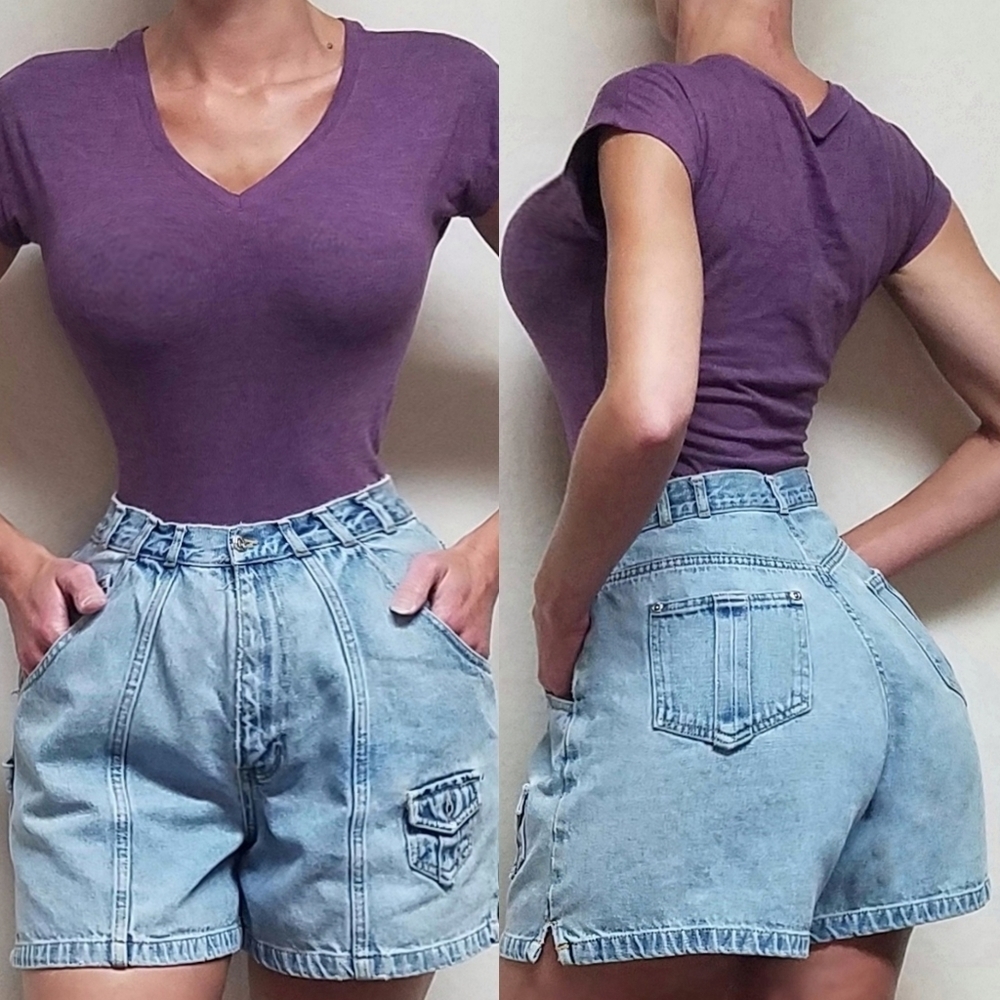 Vintage 90s No Boundaries Light Stone Wash Extra High Rise Denim Cargo Shorts